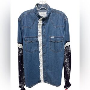 Forte Couture Size 40 Medium Wash & White Cotton Long Sleeve Lace Denim Top